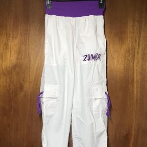 Zumba Fitness Xsmall white and purple feel good dance pants w/ awesome pockets!